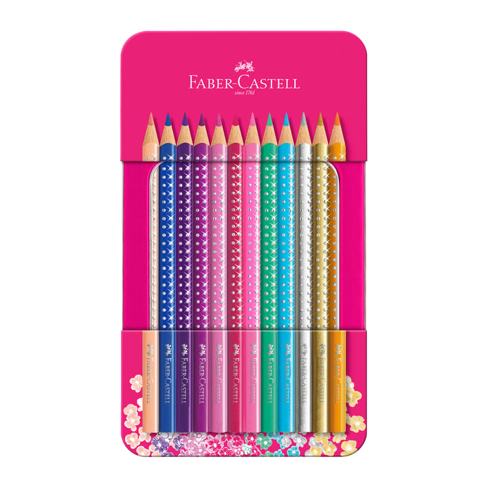 Faber-Castell Цветни моливи Sparkle, в метална розова кутия, 12 цвята