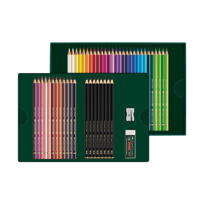 Faber-Castell Цветни моливи Polychromos, 40 цвята и чернографитни моливи Pitt Graphite Matt, 8 броя, в кутия