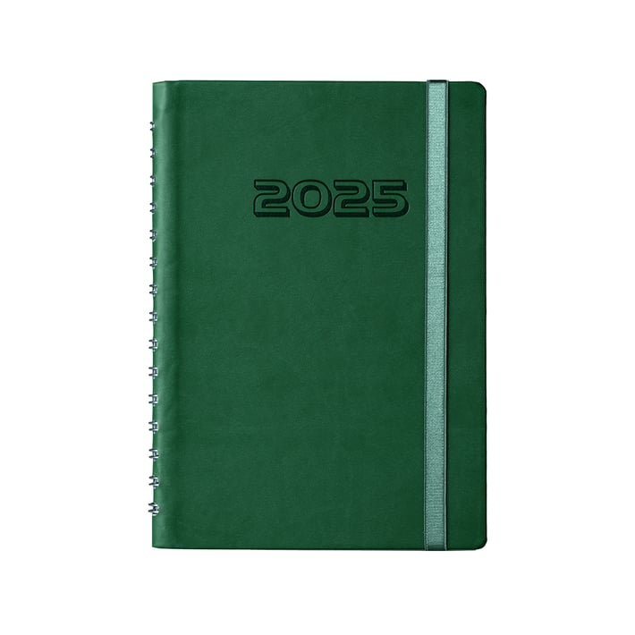 Календар-бележник, А5, с дати, със спирала и ластик, луксозен, зелен
