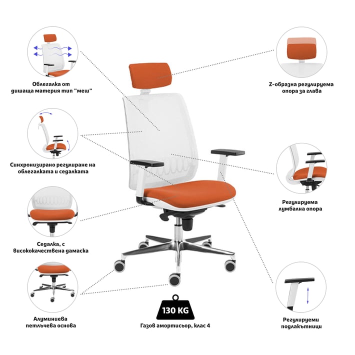 MJ Ергономичен стол Ada White, директорски, оранжева седалка, бяла облегалка