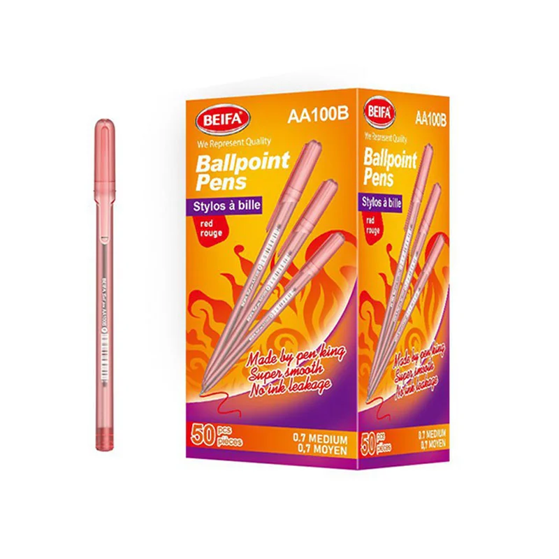 Beifa pen AA100B-50B3, 0.7 mm, transparent, red ink, 50 pcs