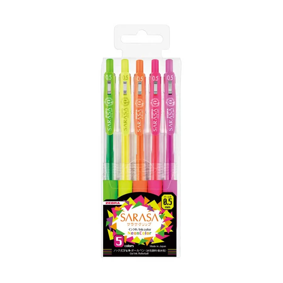 Zebra Gel roller Sarasa Clip, retractable, 0.5 mm, 5 neon colors