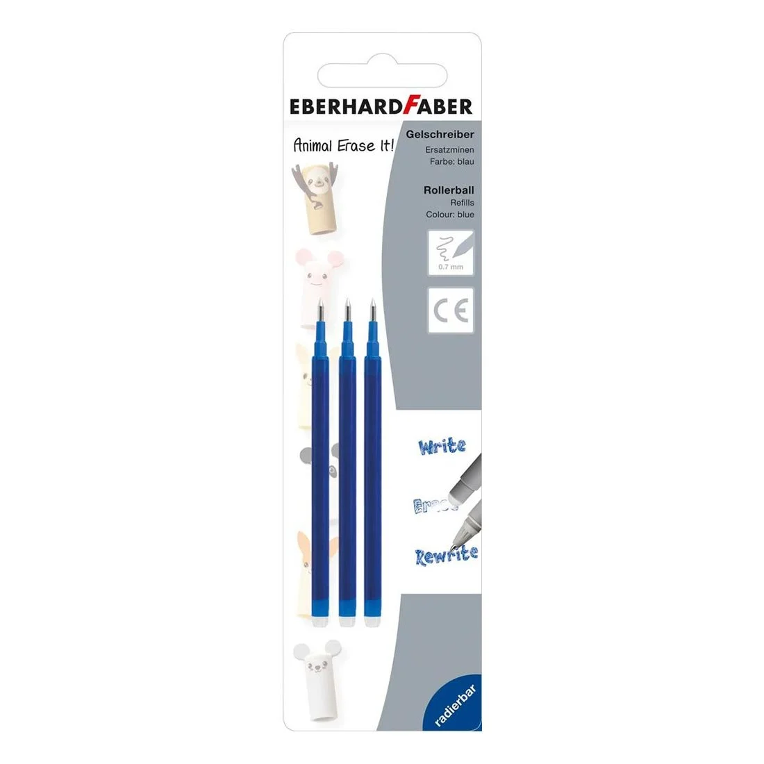 Eberhard Faber Refill for Gel Roller Animal, erasable, blue, 3 pcs