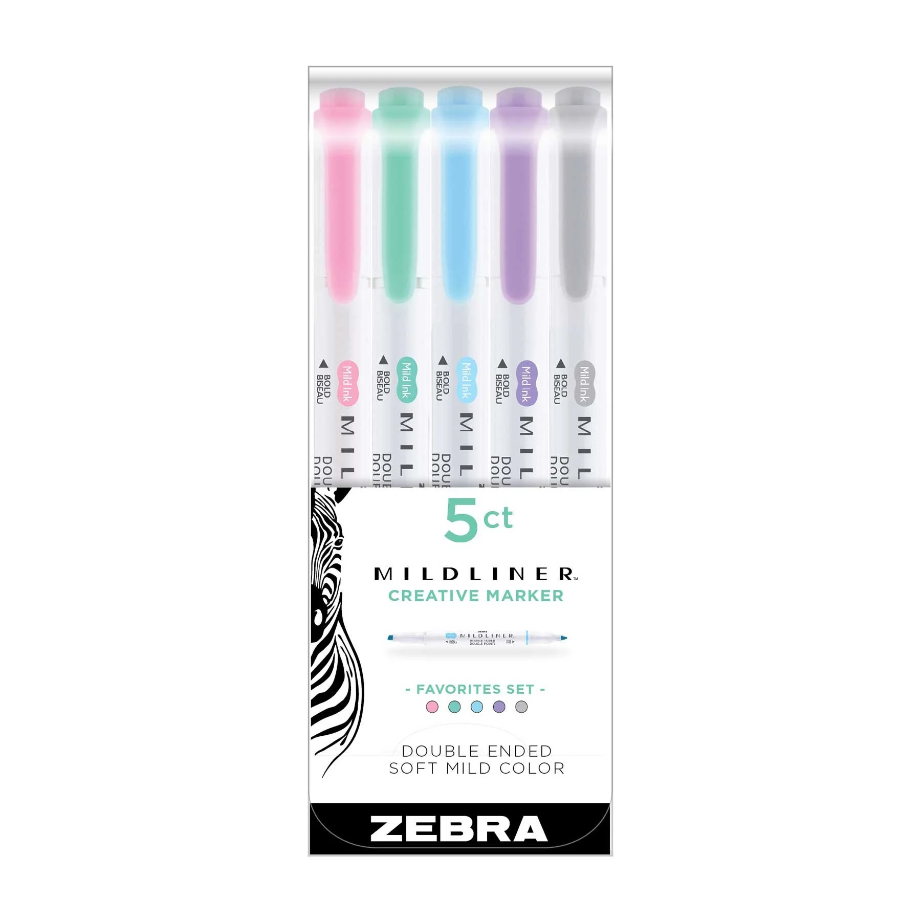 Zebra Highlighters Mildliner Favorites, dual-tip, 5 colors