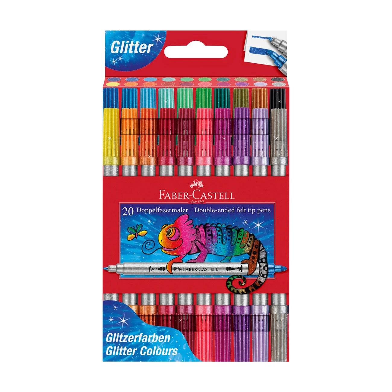 Faber-Castell Glitter fibre-tip pens, double-ended, 20 colors