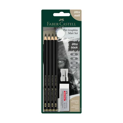 Faber-Castell Pitt Graphite Matt Pencils, Graphite, 2B, 6B, 10B, 14B, with Eraser and Sharpener