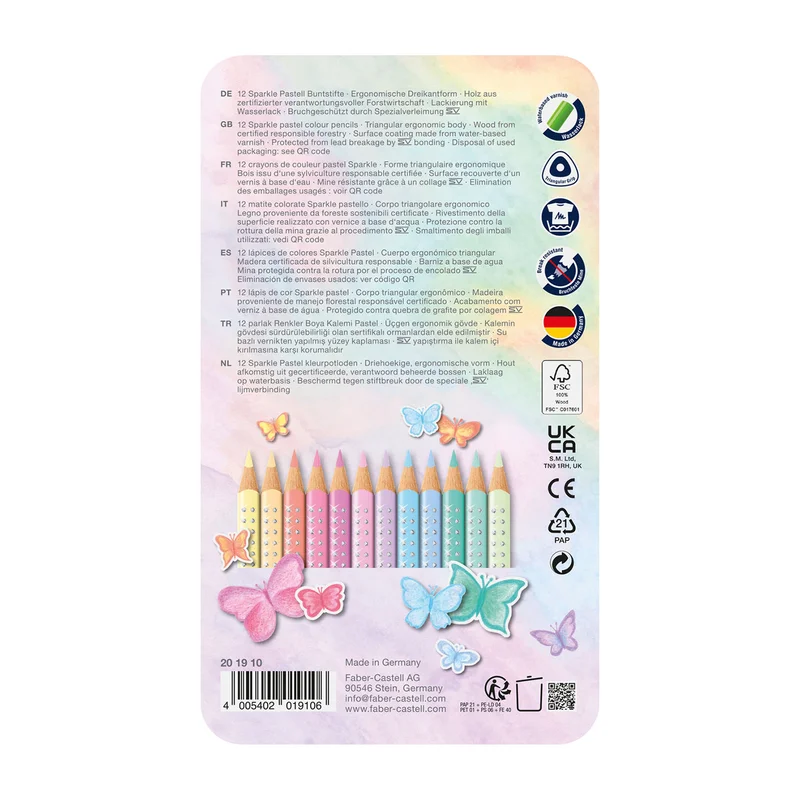 Faber-Castell Sparkle Pencils, 12 pastel colors, in metal case