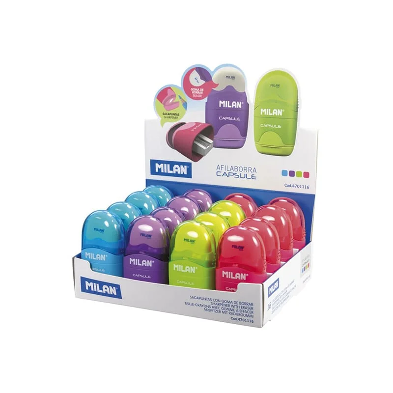 Milan Sharpener Capsule, with eraser, assorted colors
