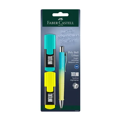 Faber-Castell Химикалка Poly Ball, в комплект с текст маркер Mini - 2 броя, в блистер