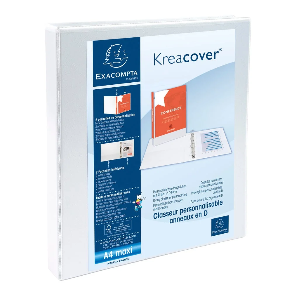 Exacompta Folder Kreacover, A4, with 4 rings, 3 pockets, PP, 38 mm, white