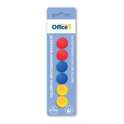 Office 1 Магнити, за бяла дъска, цветни, 20 mm, 6 броя