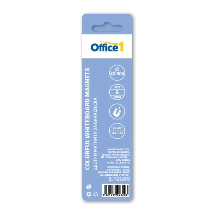 Office 1 Магнити, за бяла дъска, цветни, 20 mm, 6 броя