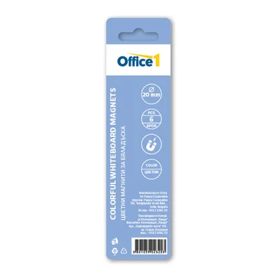 Office 1 Магнити, за бяла дъска, цветни, 20 mm, 6 броя