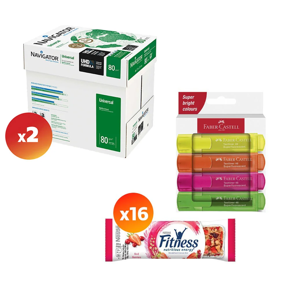 Navigator Копирна хартия Universal, A4, 80 g/m2, 2 кашона, в комплект с Fitness Зърнен десерт, 16 броя и Faber-Castell Текст маркер, 4 цвята