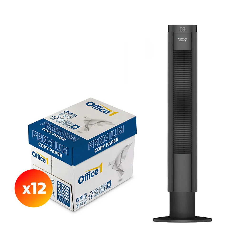 Office 1 Копирна хартия Premium, A4, 80 g/m2, 500 листа, 12 кашона, в комплект с Вентилатор Taurus Babel II RCH, с таймер, 50 W, 4 скорости