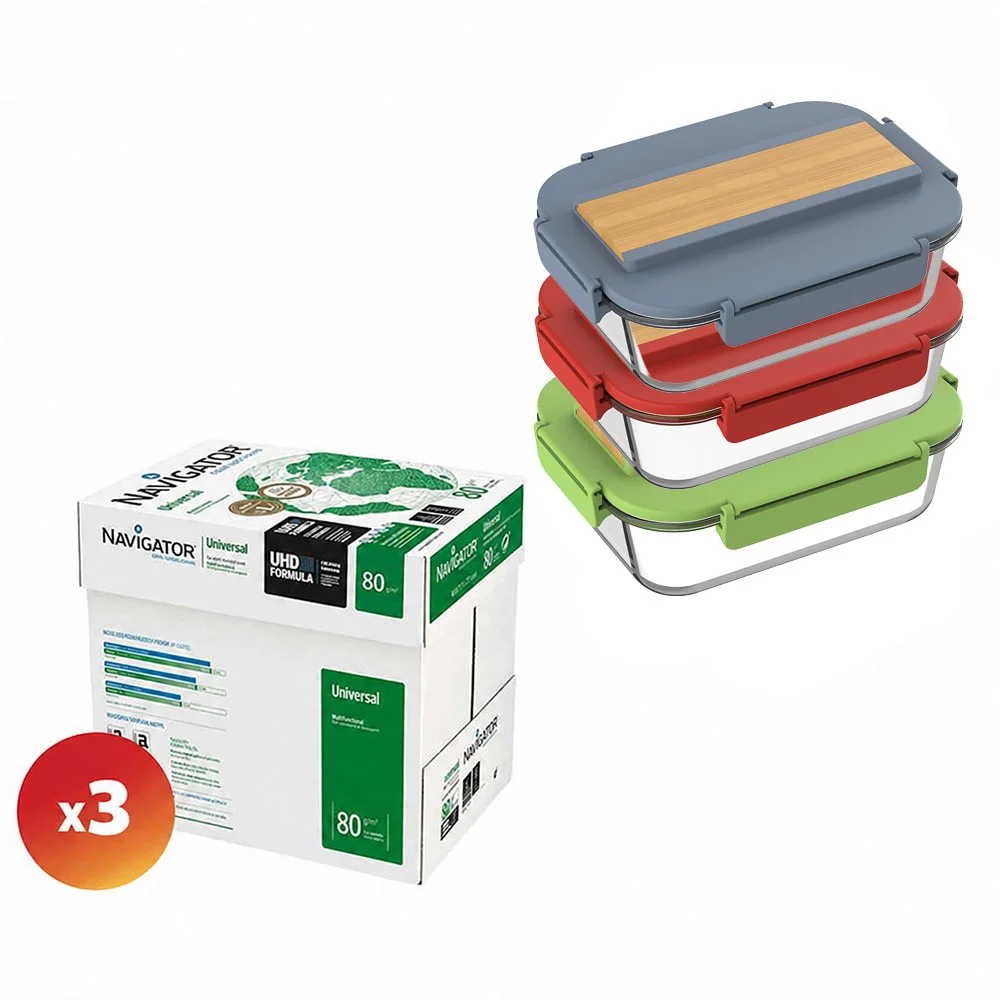 Navigator Копирна хартия Universal, A4, 80 g/m2, 3 кашона, в комплект с Office 1 Кутии за храна, стъклени, с прибори в капака, 1040 ml, 3 броя