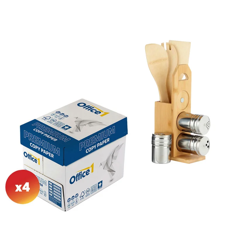 Office 1 Premium Copy Paper, A4, 80 g/m2, 500 sheets, 4 cartons, with Kinvara Bamboo Spice Rack, 7 pieces