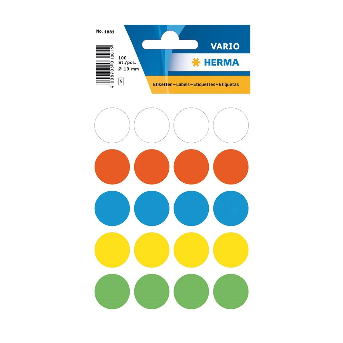 Herma Самозалепващи се етикети, кръгли, цветни, диаметър 19 mm, 100 броя