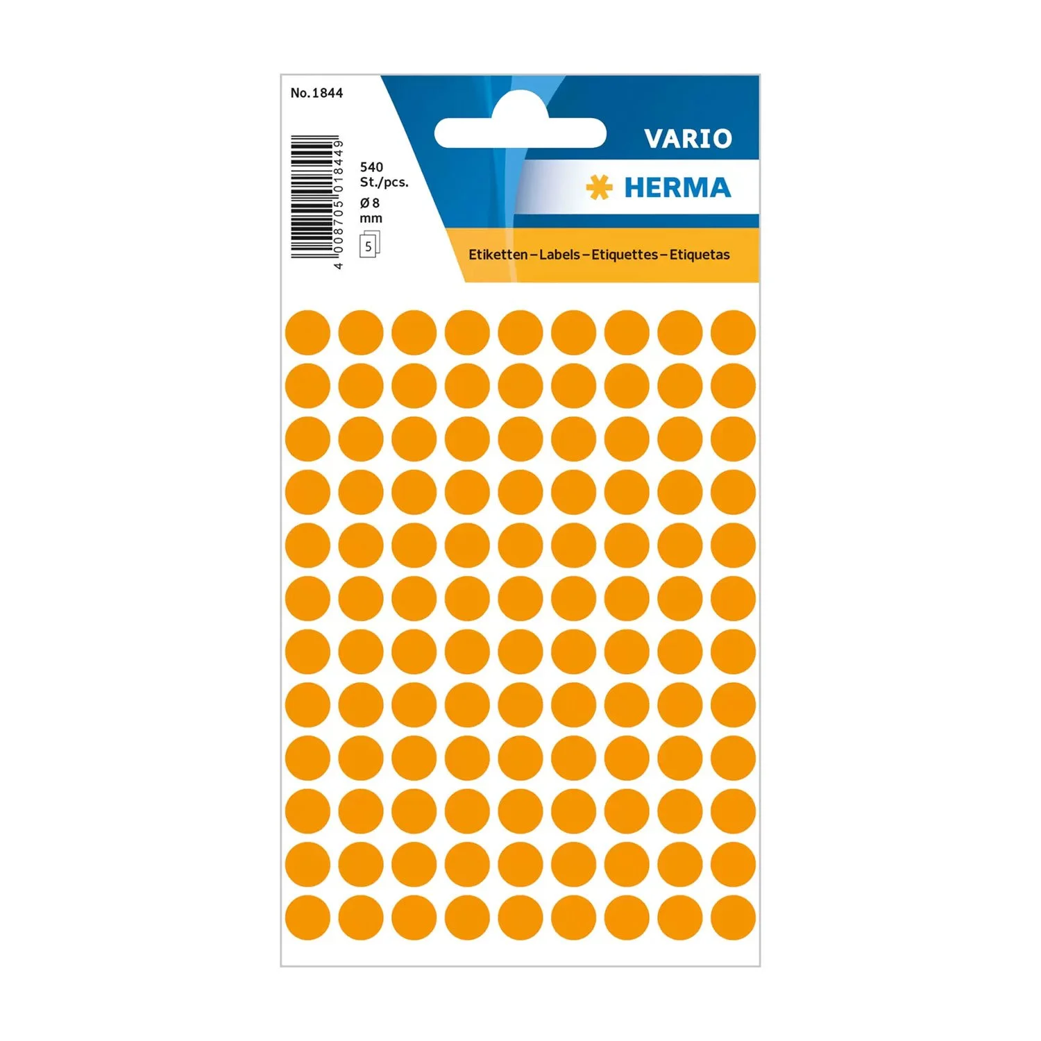 Herma Самозалепващи се етикети, кръгли, диаметър 8 mm, 108 броя на лист, 5 листа, яркооранжеви