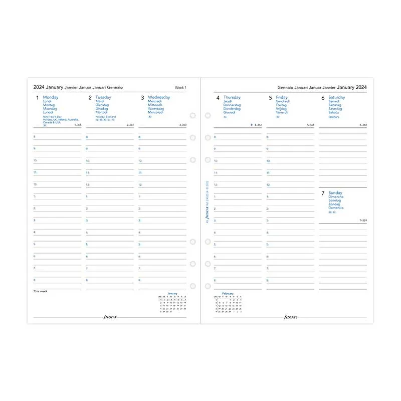 Filofax Refill for organizer Classic, A5, for 2024, 1 week on 2 pages, vertical