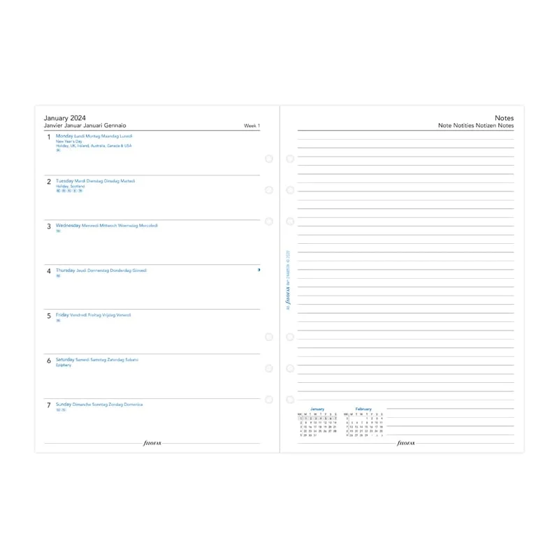 Filofax Refill Classic A5, for 2024, week on one page, notes