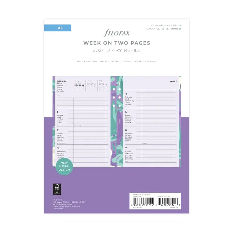 Filofax Refill Floral, A5, for 2024, One Week on Two Pages