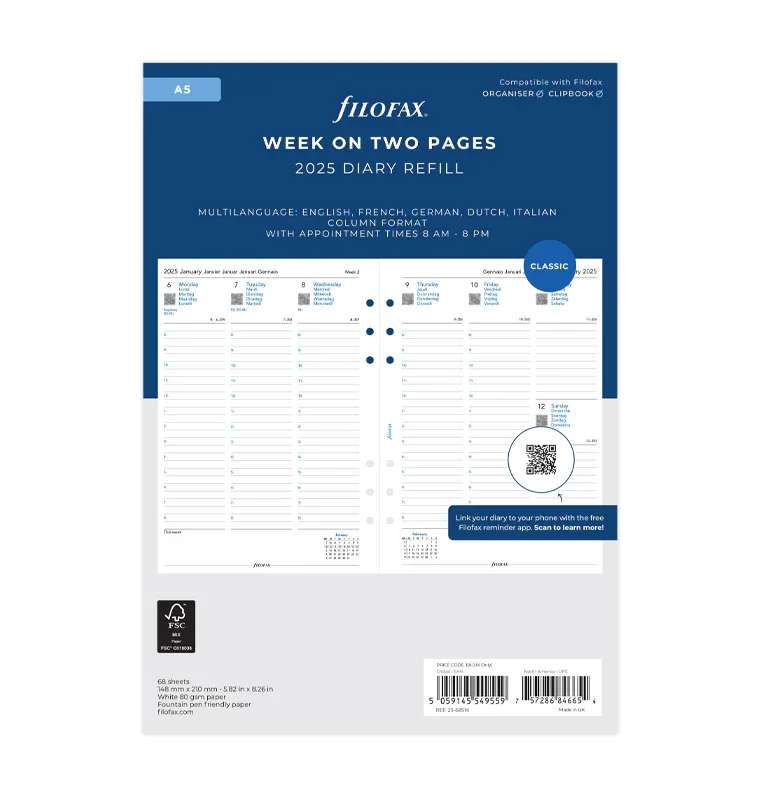 Filofax Refill for Organizer Classic, A5, for 2025, 1 week on 2 pages, vertical