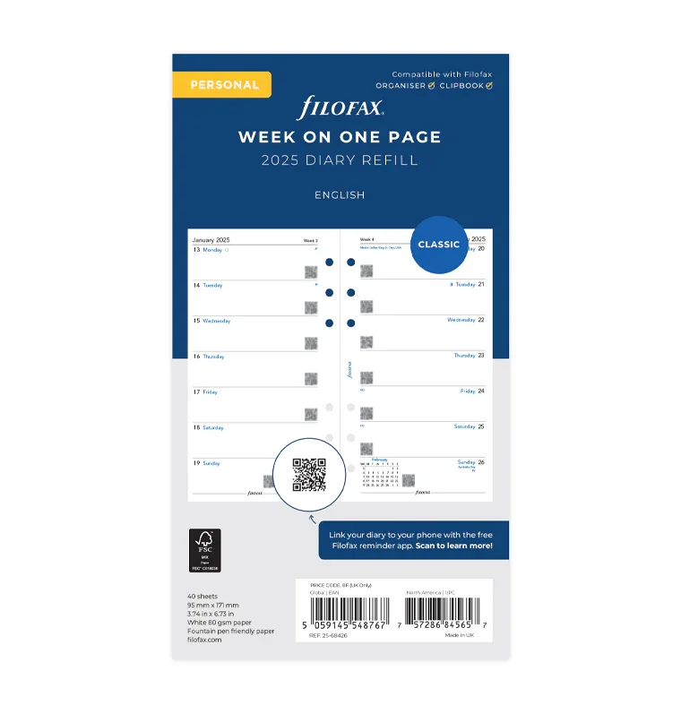 Filofax Refill for organizer Classic, Personal, for 2025, 1 week per page