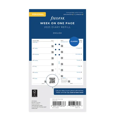 Filofax Refill for organizer Classic, Personal, for 2025, 1 week per page