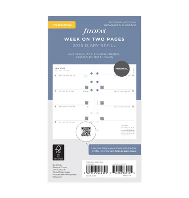 Filofax Refill for Organizer, Personal, for 2025, One Week on Two Pages
