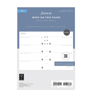 Filofax Organizer Refill, A5, for 2025, 1 week on 2 pages