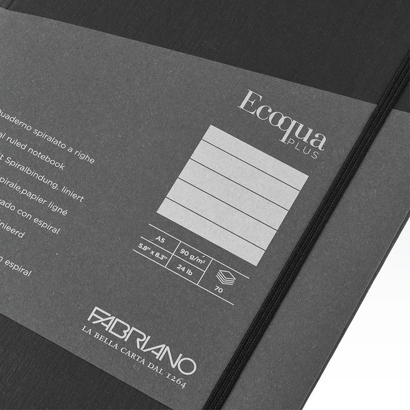 Fabriano Notebook Ecoqua+, A5, Cardboard Cover, Concealed Spiral, 70 Sheets, Black