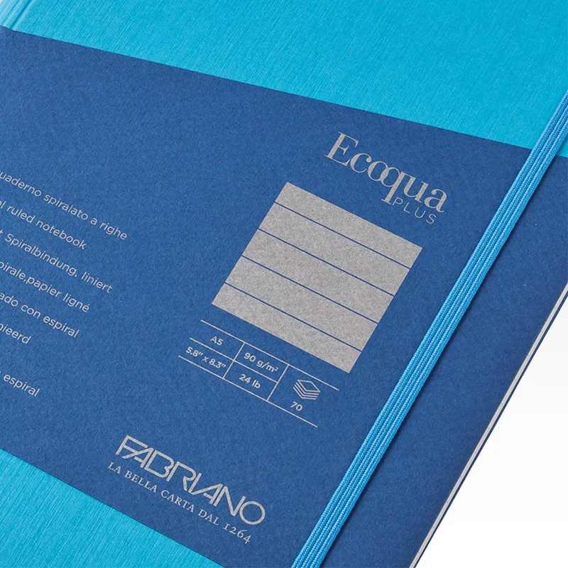 Fabriano Notebook Ecoqua+, A5, cardboard cover, hidden spiral, 70 sheets, blue