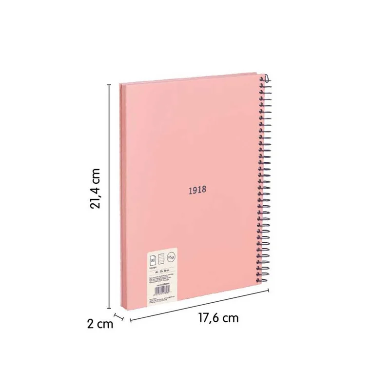 Milan Notebook 1918, A5, wide ruled, hardcover, spiral, 80 sheets, pink