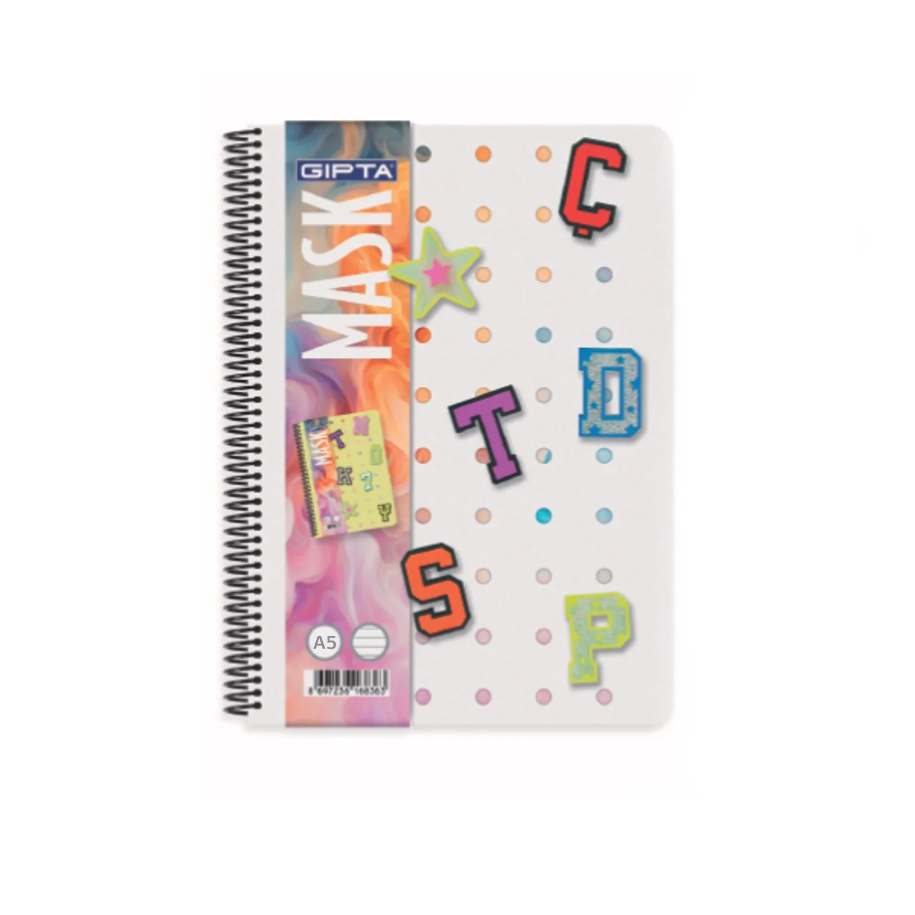 Gipta Notebook Mask, A5, white paper, wide ruled, PP cover, spiral, 72 sheets