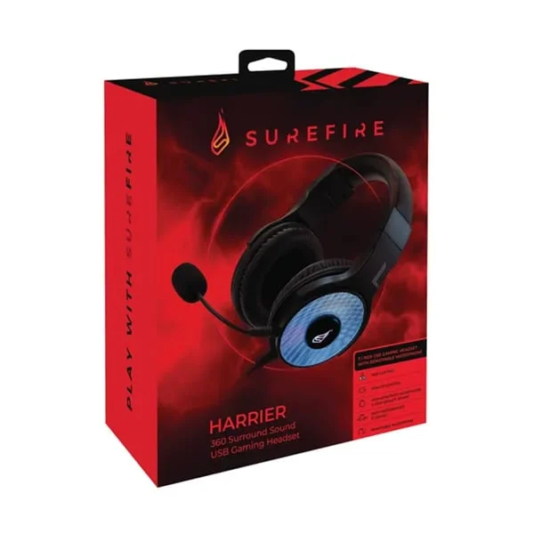 Headphones SureFire Harrier, gaming, wired, USB, black, 102 dB, 2 m cable