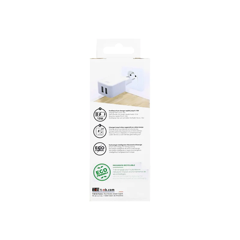 Зарядно устройство TNB, 2 USB, 2.4 A, 12 W, бяло