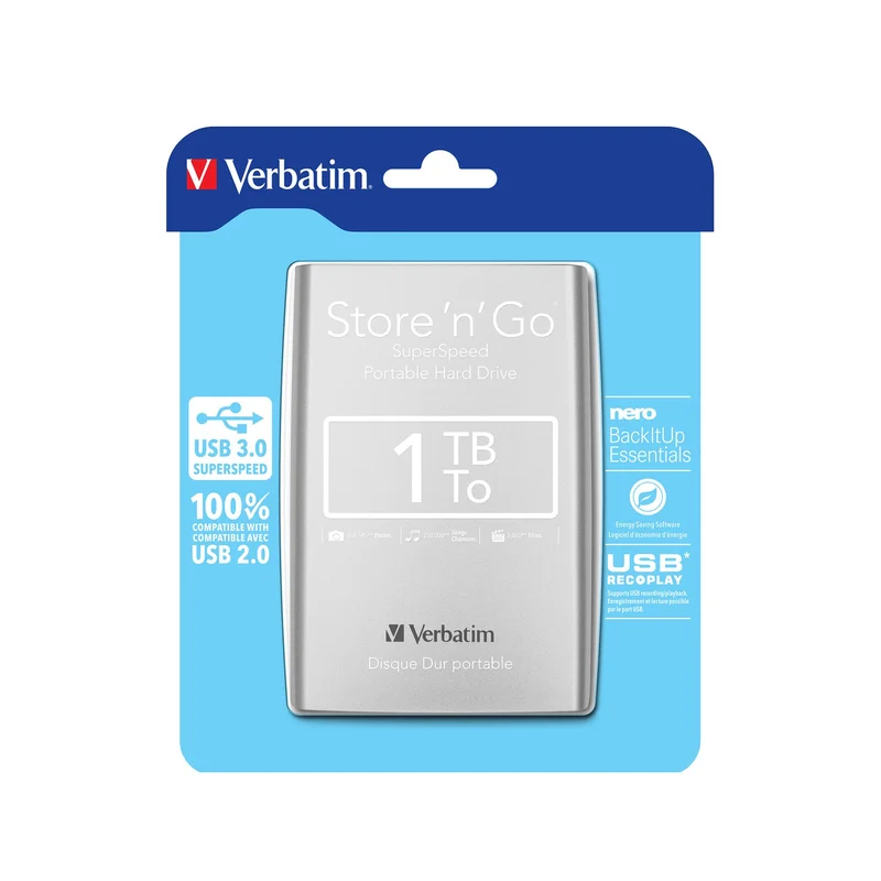Външен HDD твърд диск Verbatim, 2.5'', USB 3.0, 1 TB, сребрист