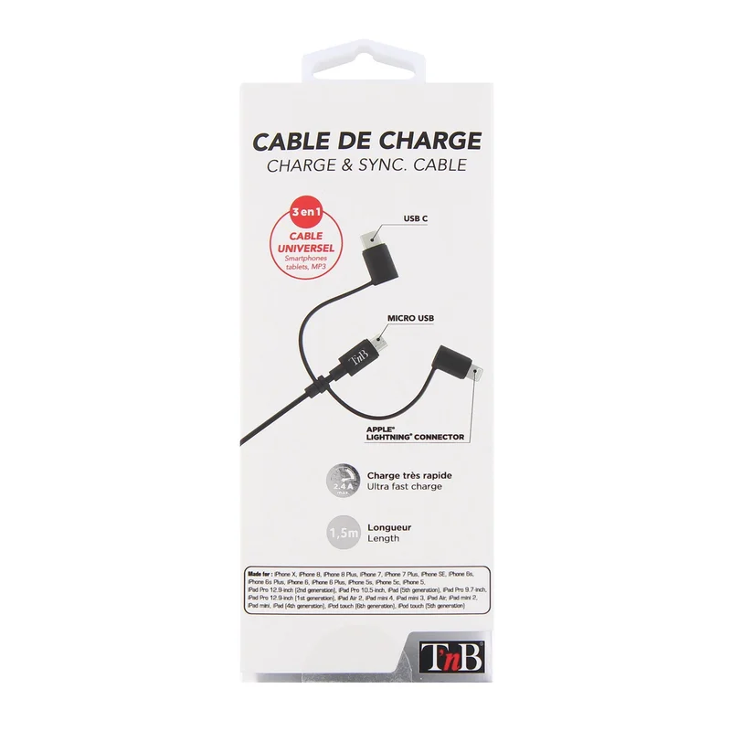 Кабел TNB 3 в 1 Lightning, с micro USB и USB type C, 1.5 m, USB-C