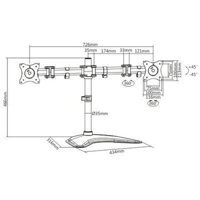 Стойка за 2 монитора Lumi LDT07-T024, 13'' - 27'', максимално тегло 8 kg, черна