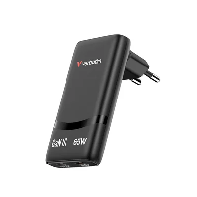 Зарядно устройство Verbatim Fold'n'Go, GaN, 65 W, черно