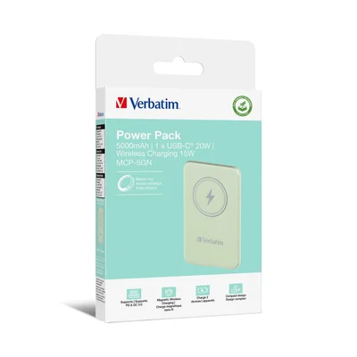 Външна батерия Verbatim Charge 'n' Go, магнитна, 5000 mAh, USB Type-C, зелена