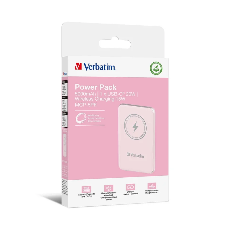 Външна батерия Verbatim Charge 'n' Go, магнитна, 5000 mAh, USB Type-C, розова