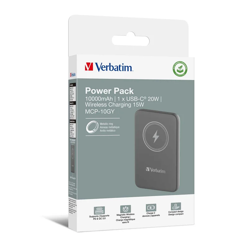 Външна батерия Verbatim Charge 'n' Go, магнитна, 10000 mAh, USB Type-C, сива