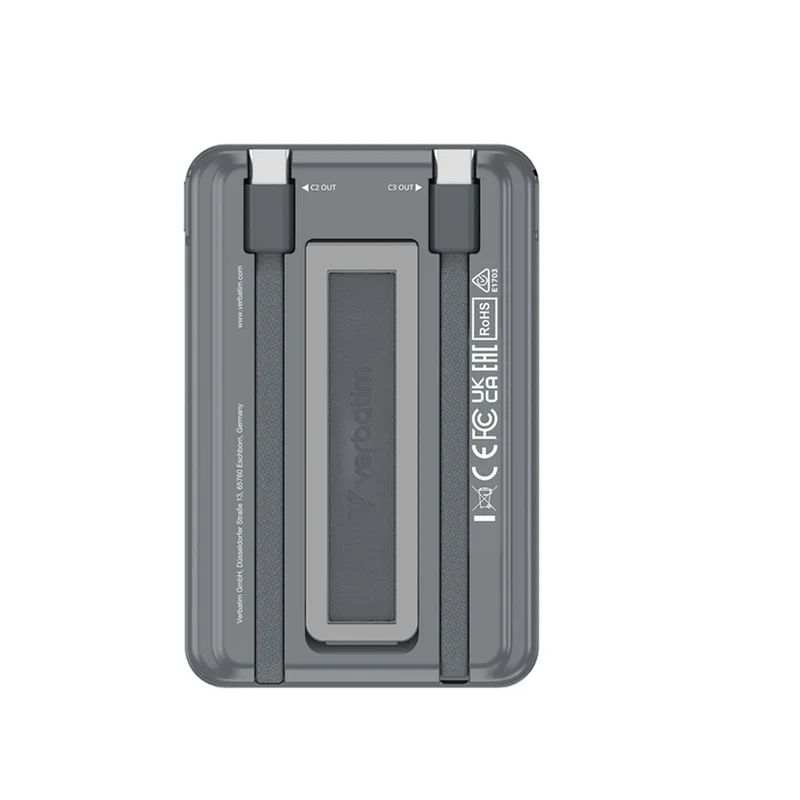 Външна батерия Verbatim Charge n'Go, 5000 mAh, с 2 кабела, USB Type-C, сива