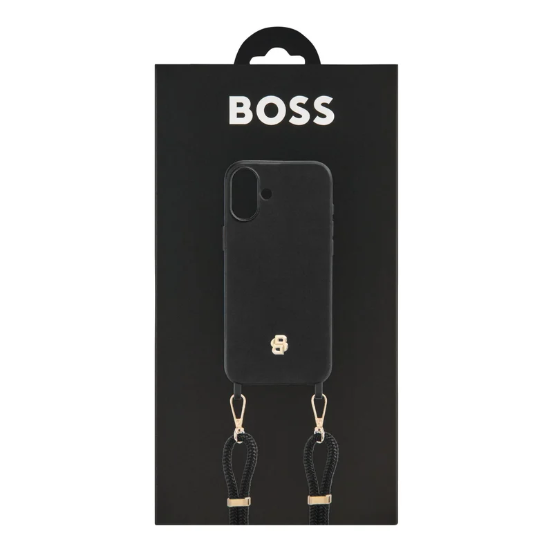 Hugo Boss Phone case, for iPhone 16 Plus, with strap, black-gold