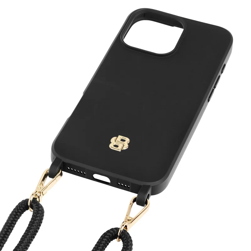 Hugo Boss Калъф за телефон, за iPhone 16 Pro Max, с връзка, черно-златист