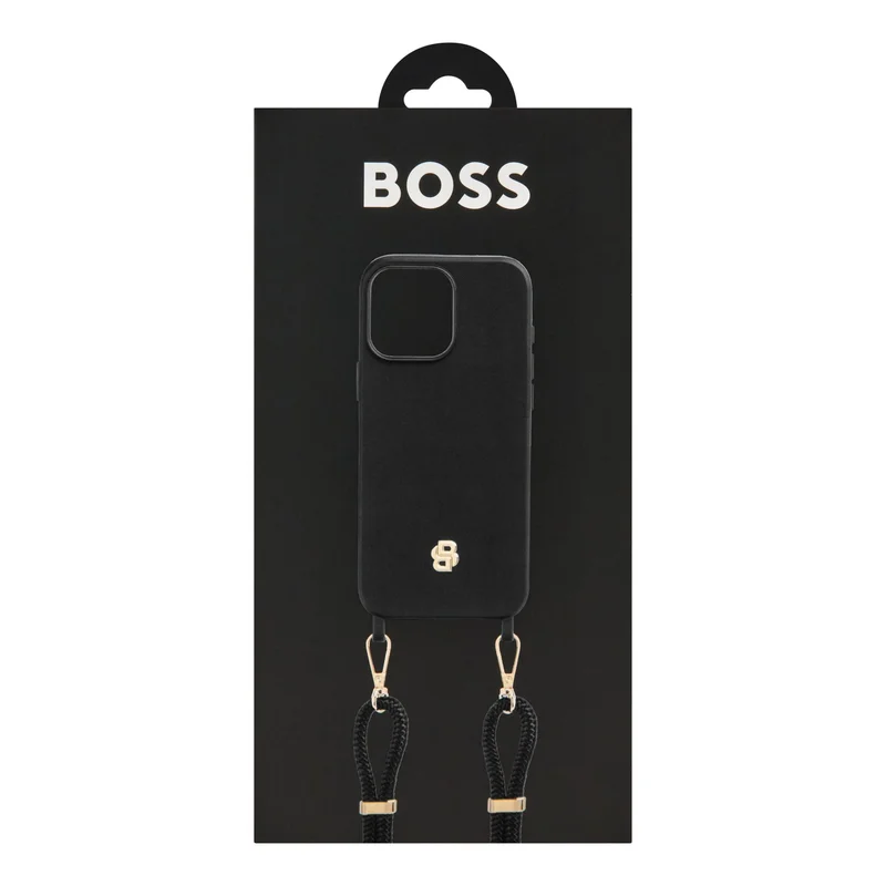 Hugo Boss Калъф за телефон, за iPhone 16 Pro Max, с връзка, черно-златист