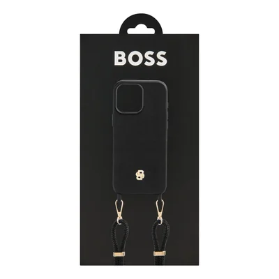Hugo Boss Калъф за телефон, за iPhone 16 Pro Max, с връзка, черно-златист
