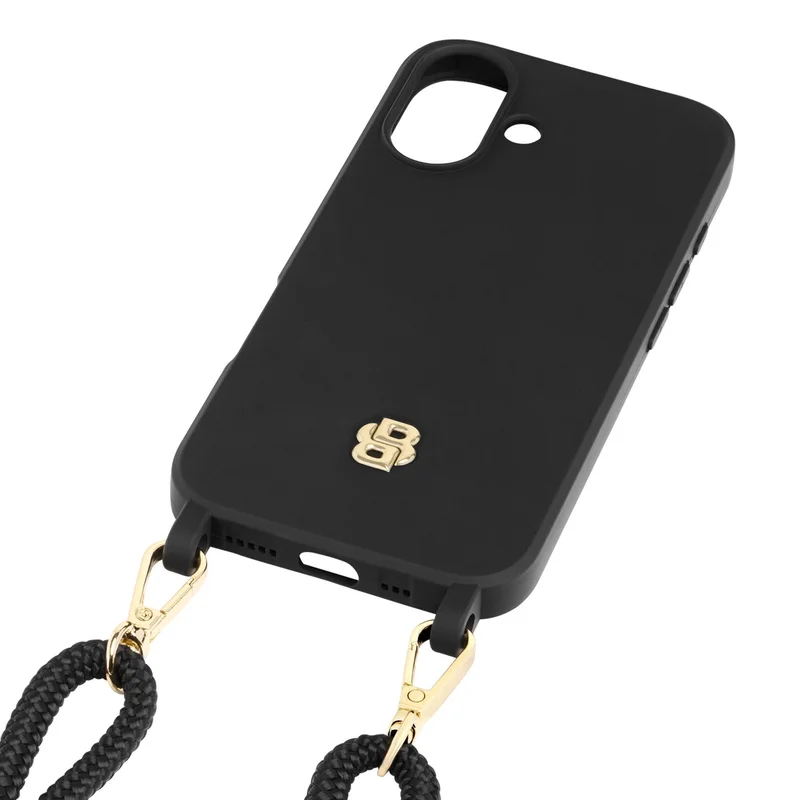 Hugo Boss Калъф за телефон, за iPhone 16, с връзка, черно-златист